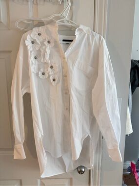 Maje White Girls' Button-Down Shirt with 3D Floral Appliqués